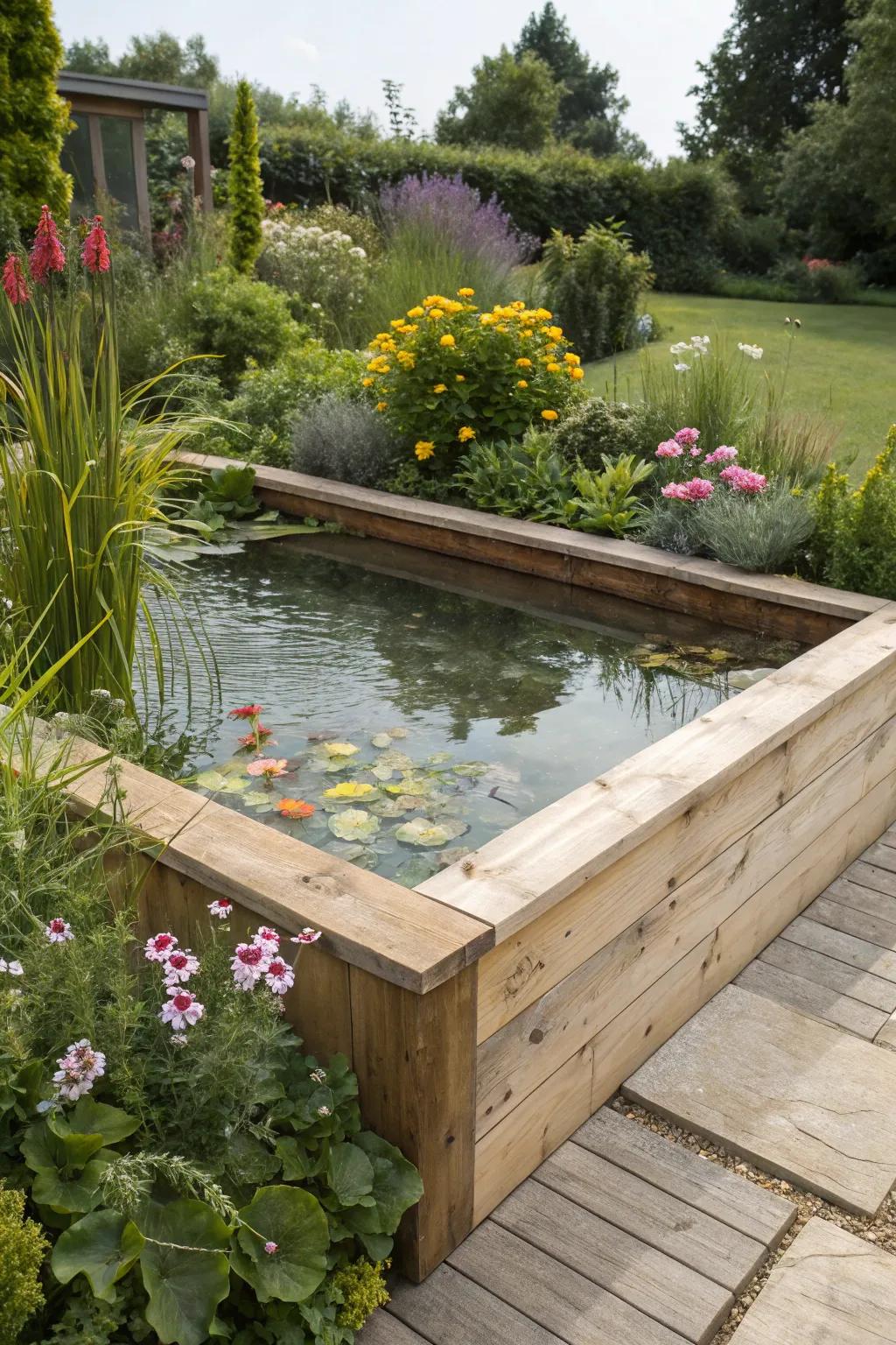 An elevated pond offers a unique visual element and easier maintenance.