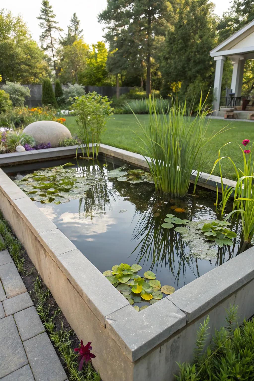 An elevated pond bed making aquatic beauty accessible and secure.