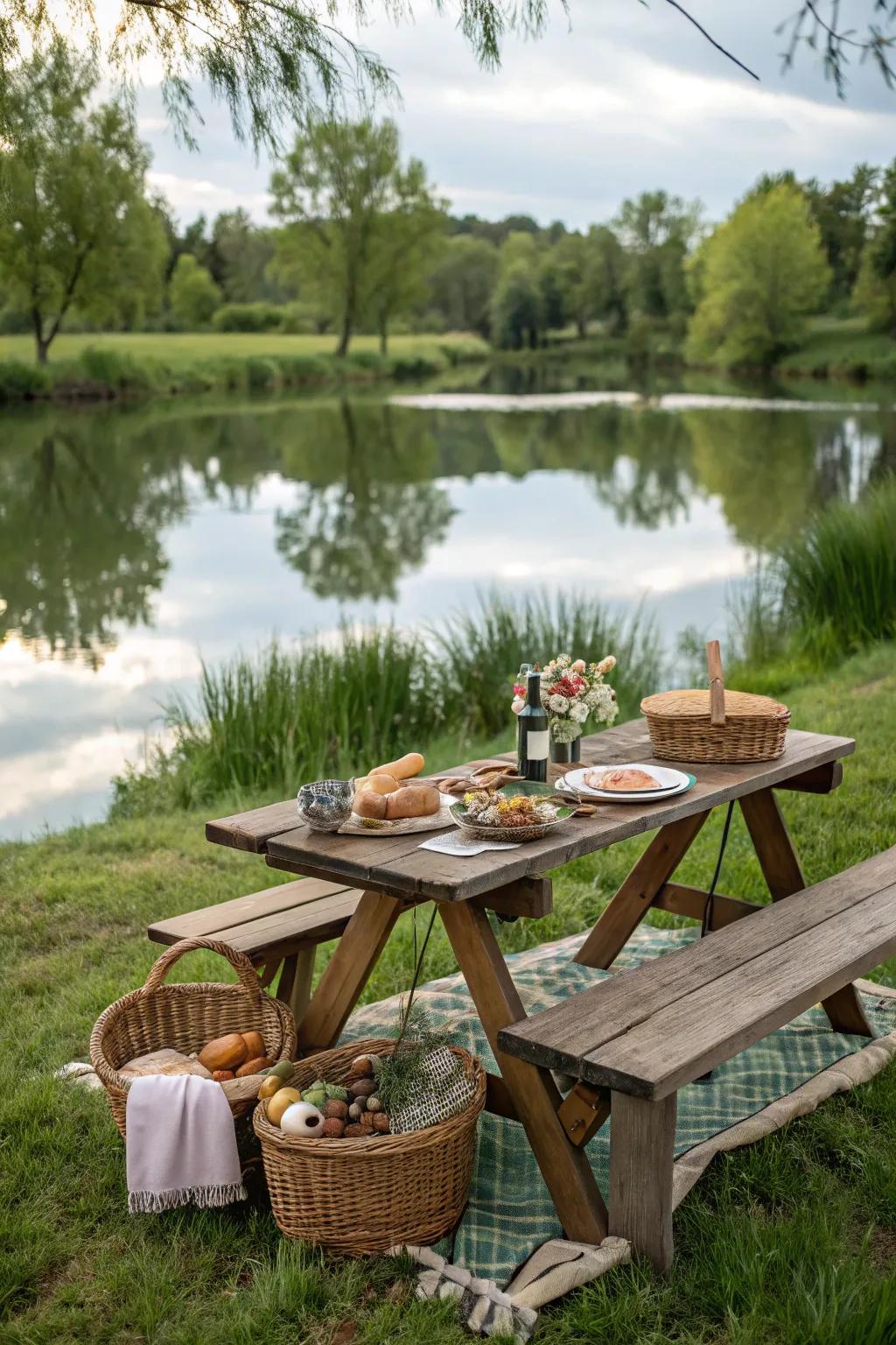 A picnic table creates a perfect spot for family meals by the pond.