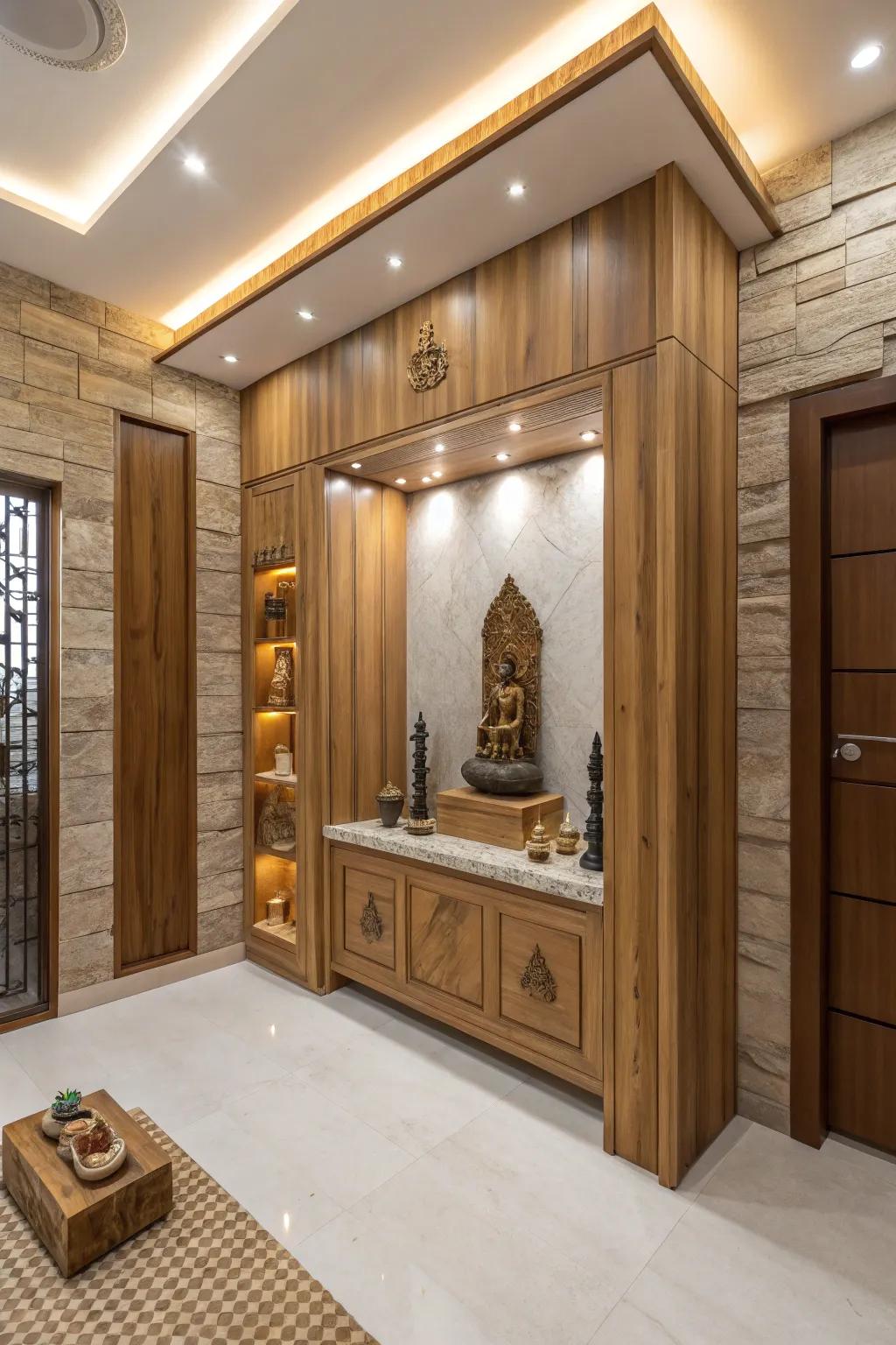 Natural items like wood and stone improve this earth kind pooja room.