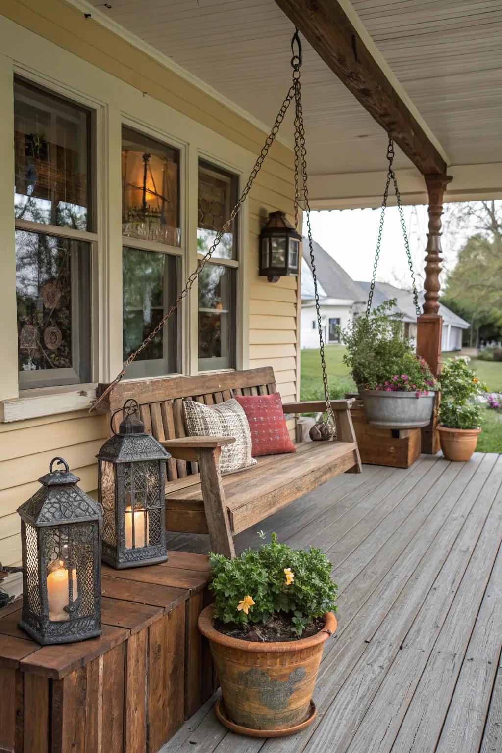 Rustic elements bring cozy charm to the porch.