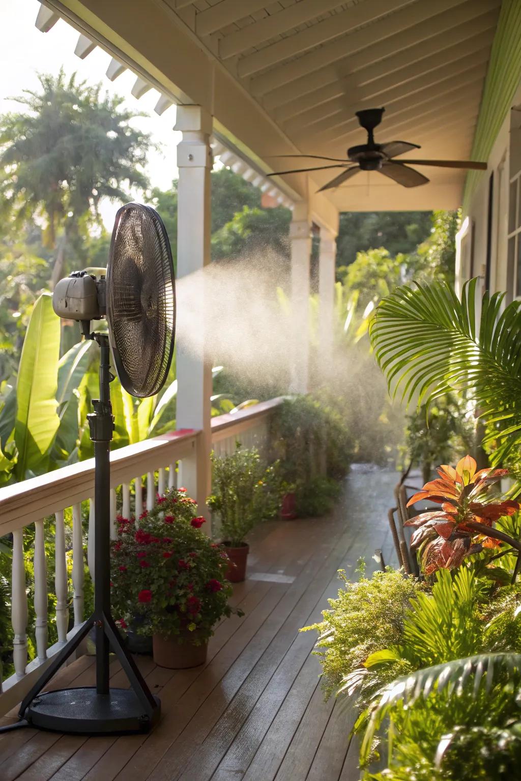 A misting fan offers a refreshing cooling mist on this sunny porch.