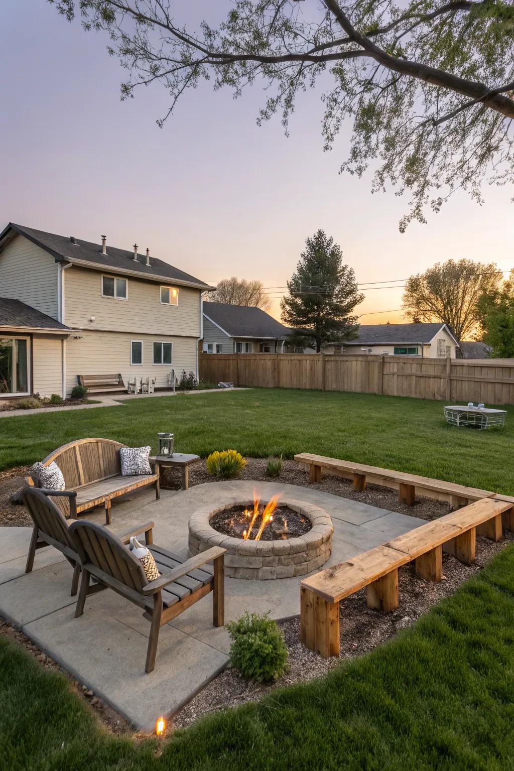 A cozy fire pit in the backyard of a raised ranch, perfect for gatherings.
