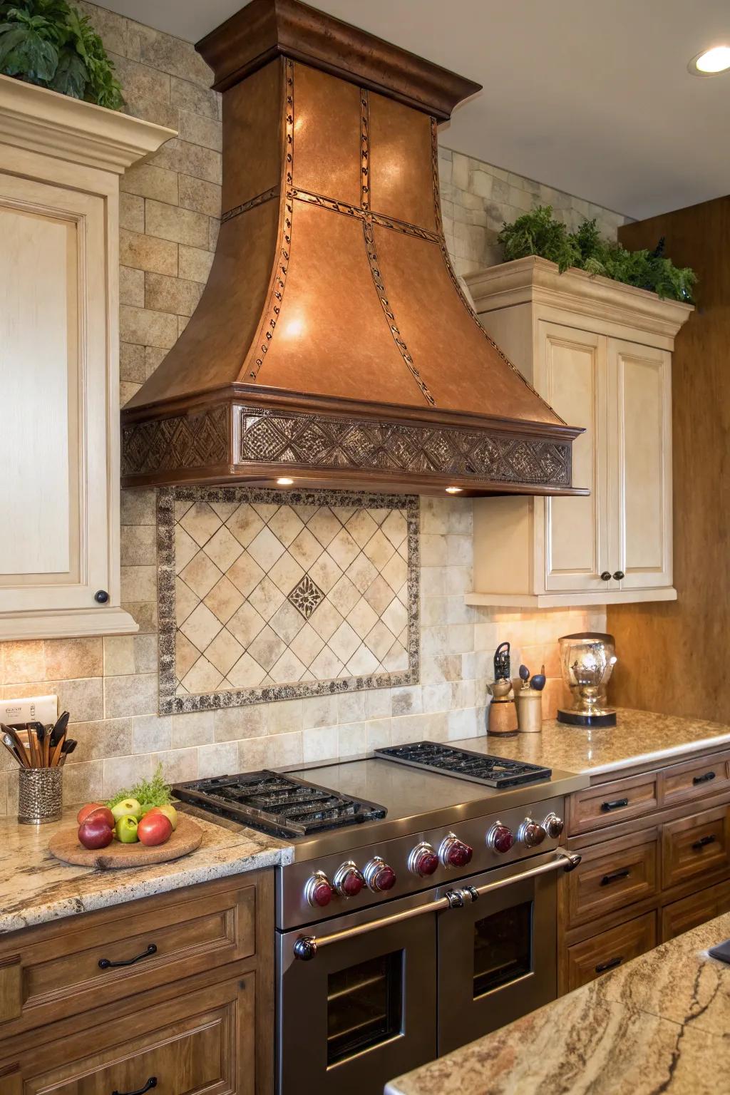 A kitchen with a bronze vent hood and earthy tile splash guard for a warm, inviting feel.