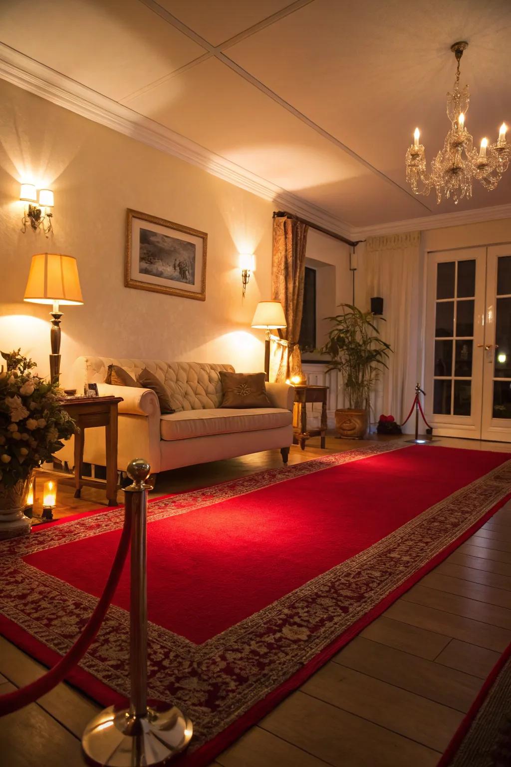 Warm lighting improves the richness of the crimson-carpeted lounge area.