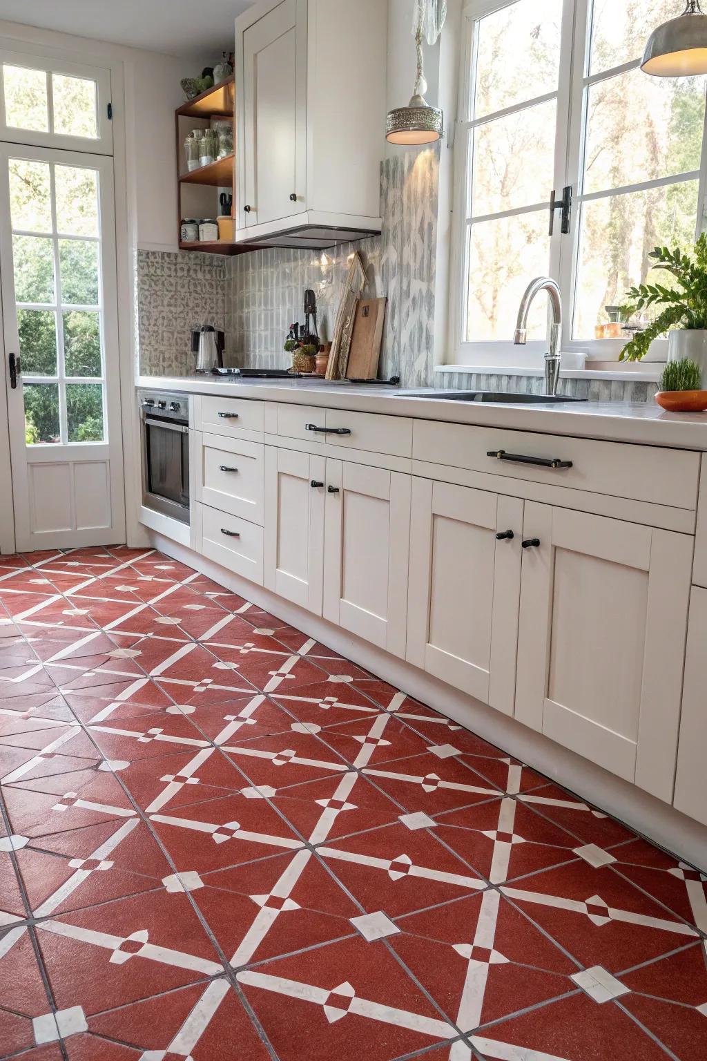 A sophisticated red diamond tile arrangement in a kitchen.