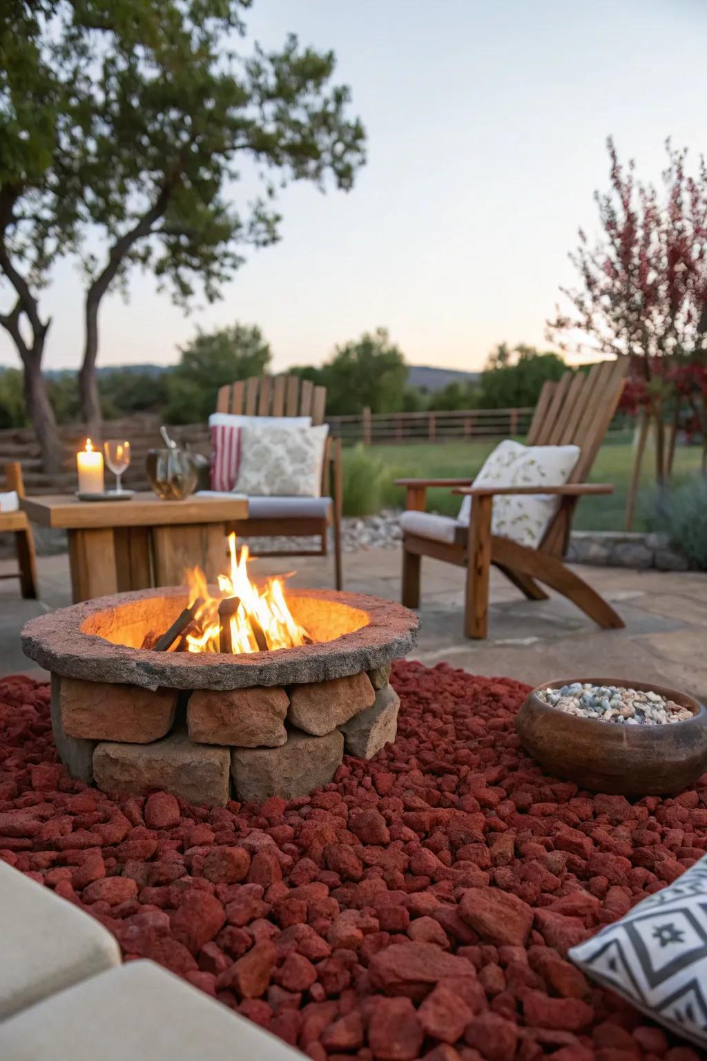 Red lava rocks ensure safety and style in this cozy fire pit setup.
