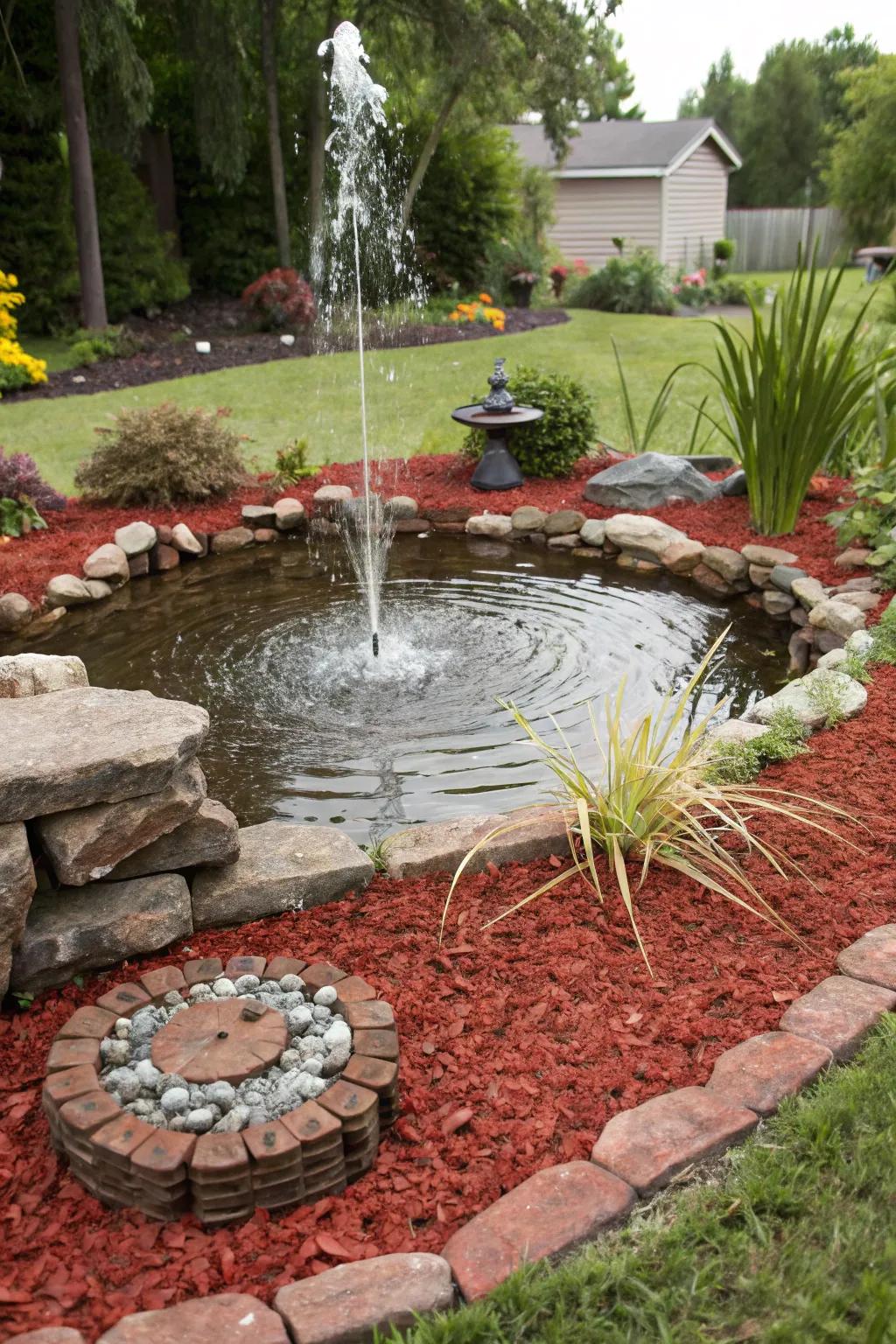 Red mulch accents water features, drawing attention to garden ponds and fountains.
