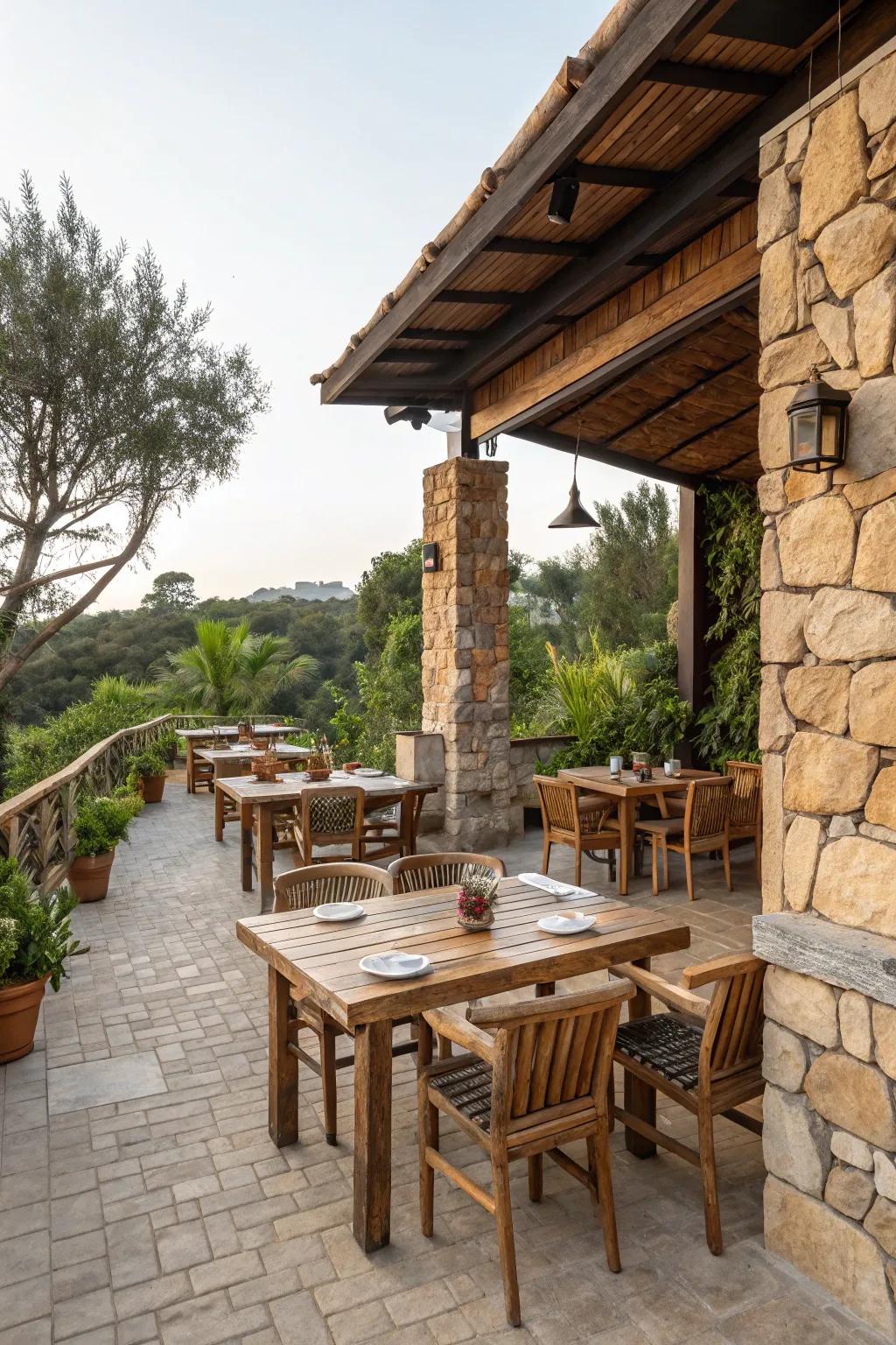 A restaurant patio utilizing eco-friendly materials for a sustainable design.