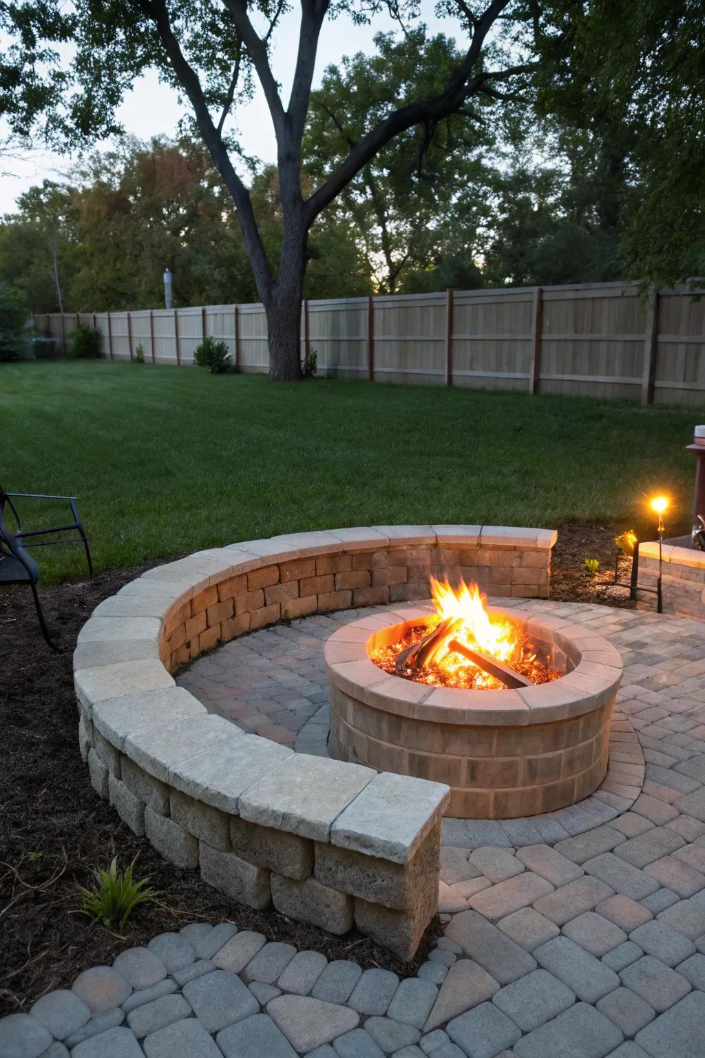 A welcoming fire lounge area framed by wall support stones, ideal for outdoor gatherings.