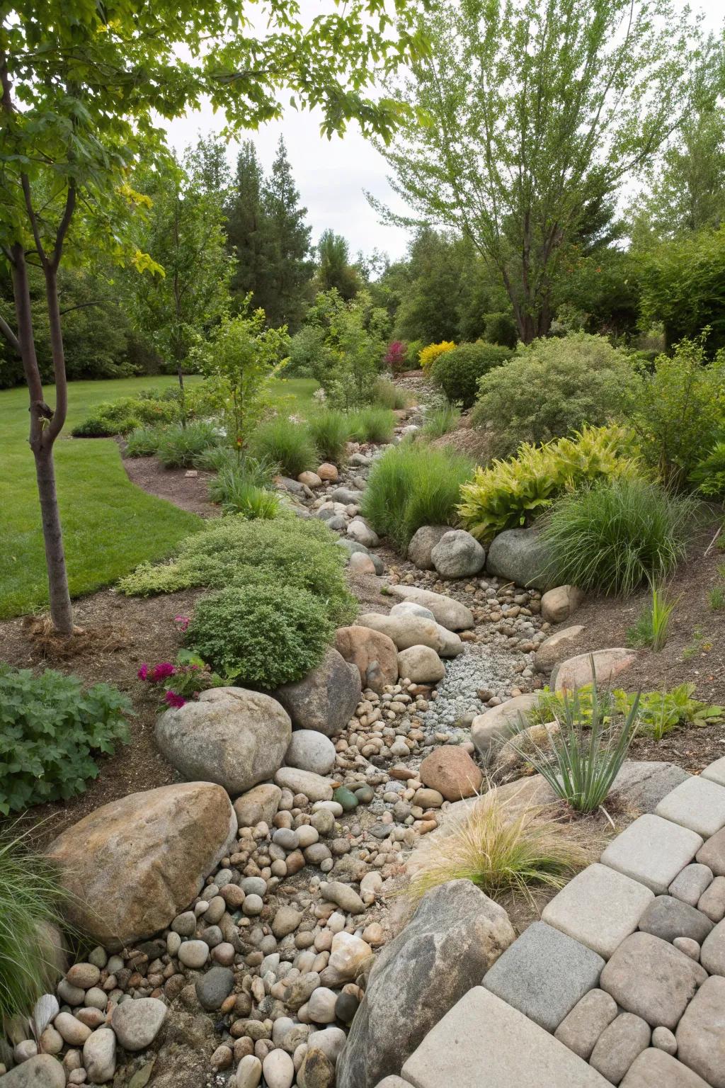 A stream stone creek bed provides an environmentally-friendly solution to garden runoff issues.