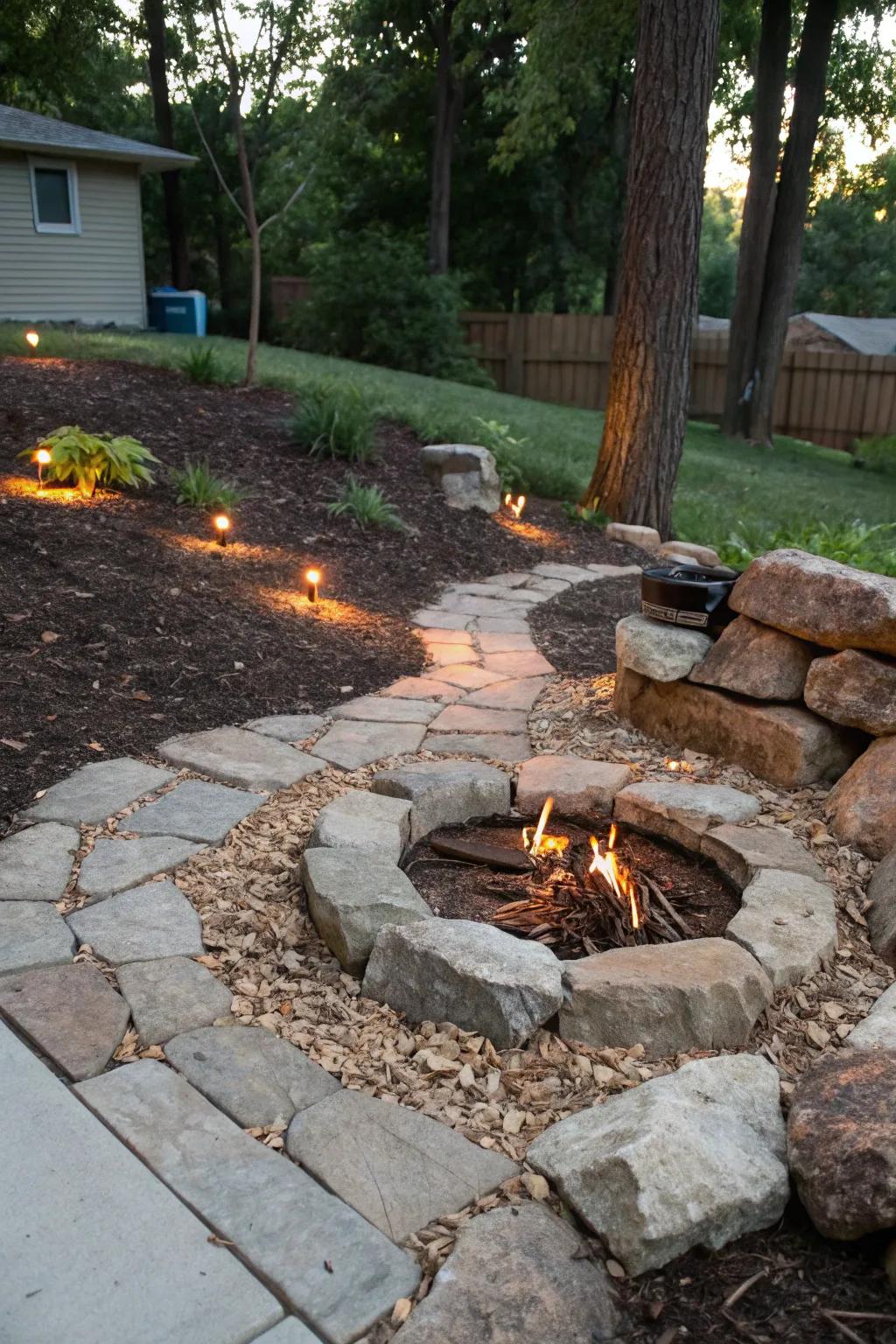 A fire pit area creates a cozy outdoor gathering spot.