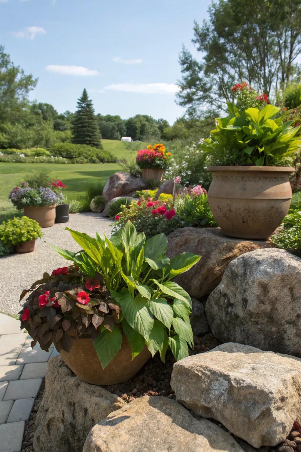 Potted flora artistically arranged on large garden stones for added dimension.