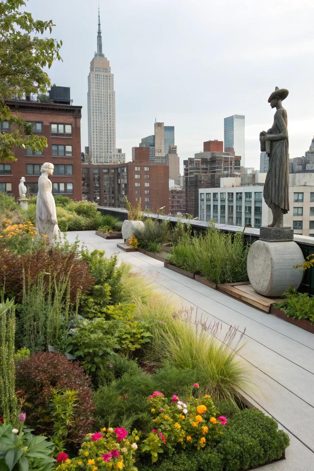 Sculptures add artistic flair and focal points to the rooftop.