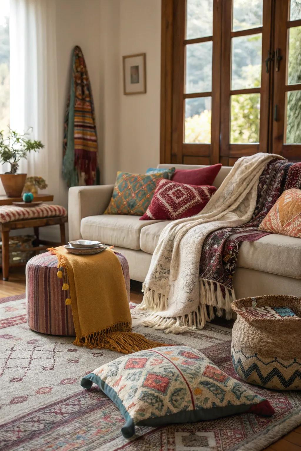 A warm and inviting space with layered fabrics.