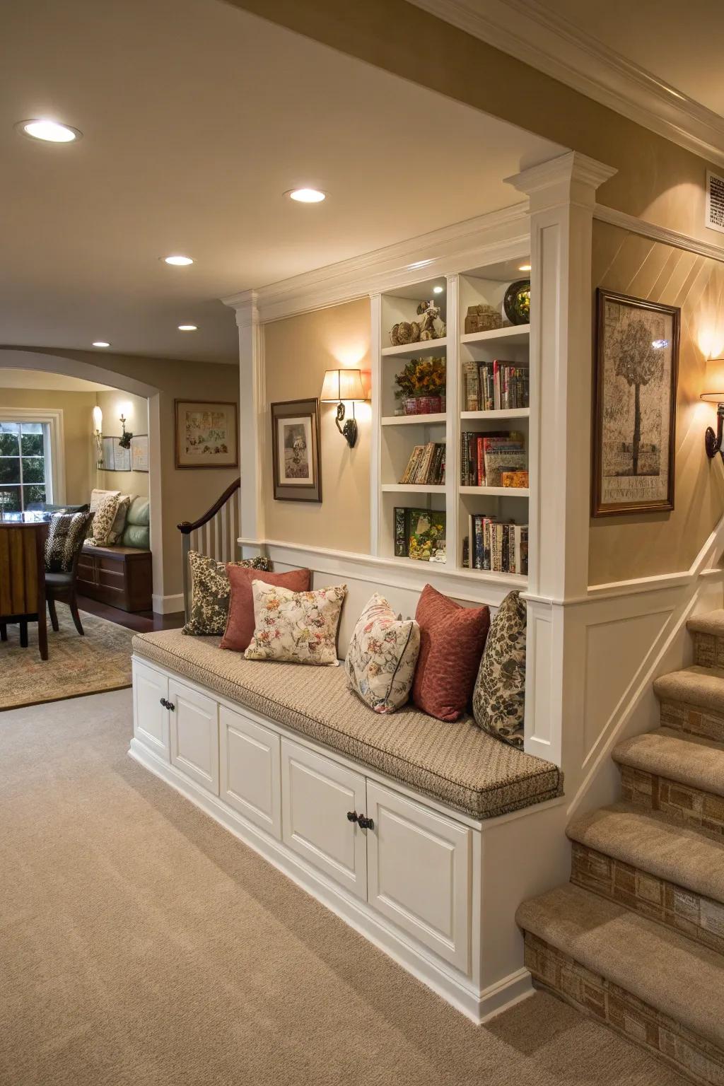 A living location with a half wall that includes integrated seating and storage for added performance.