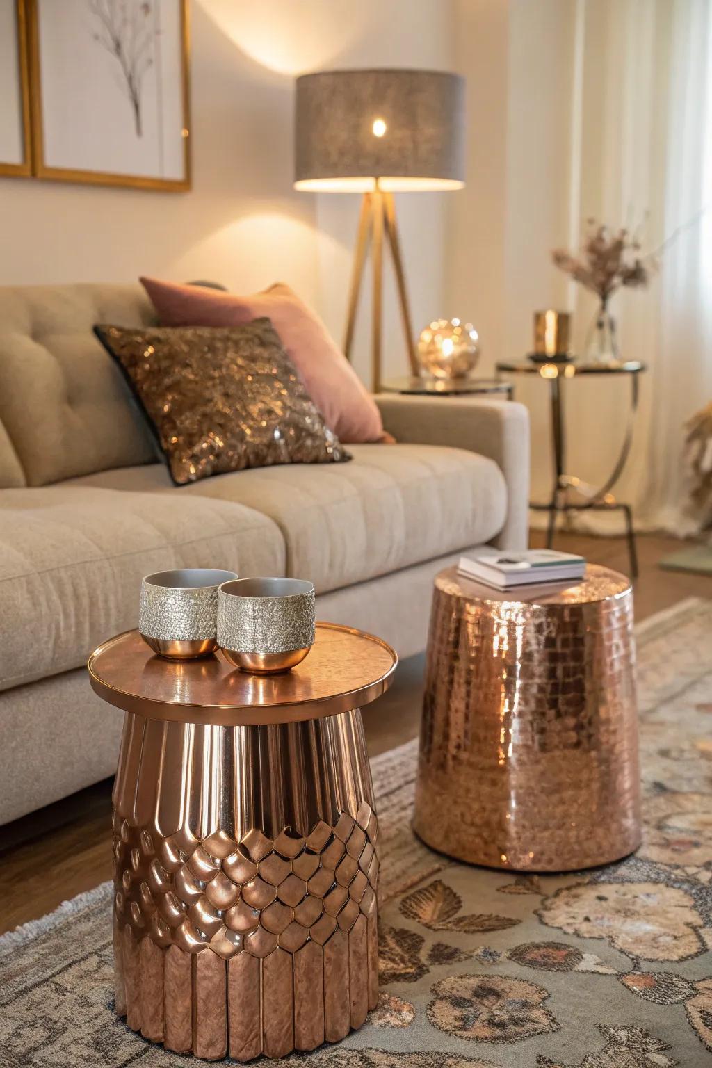Metallic side tables in rose gold provide usefulness and panache.