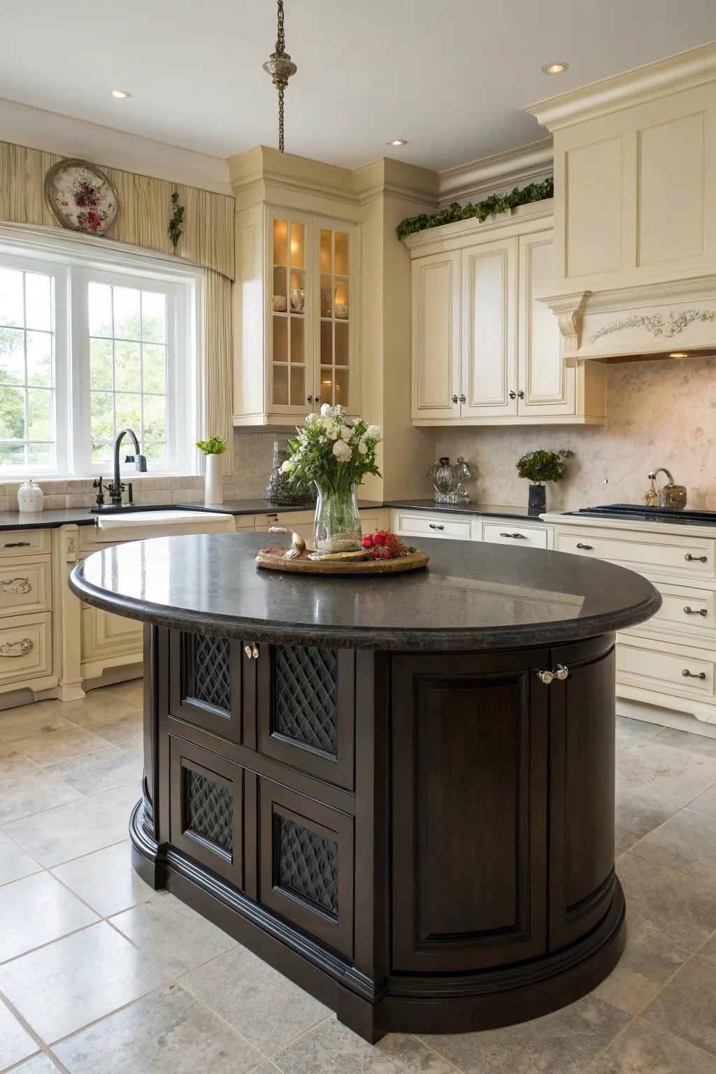 Somber shades infuse theatrics and sophistication into a circular kitchen centerpiece.