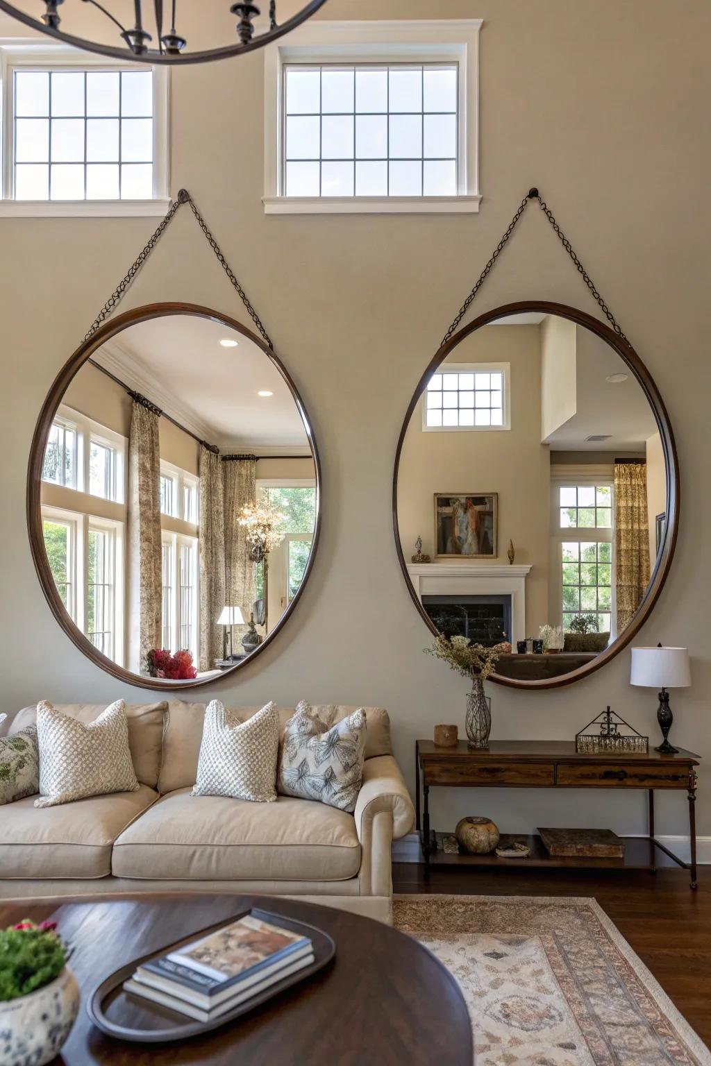 A duo of circular mirrors establishing symmetry in a spacious living room.
