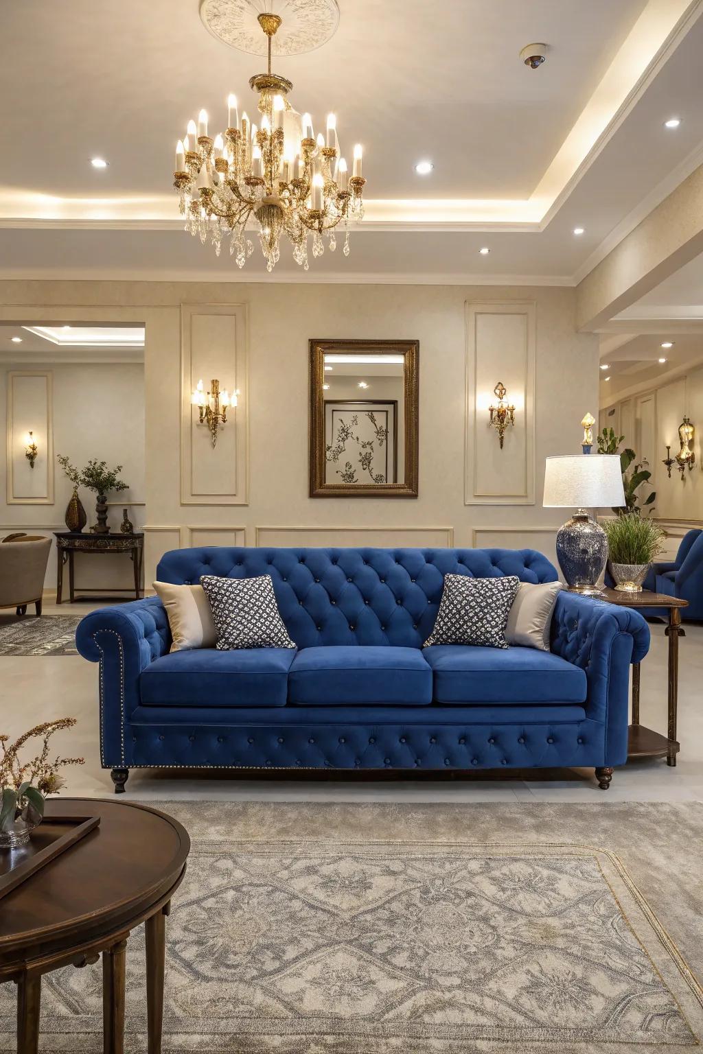 An equilibrium layout enhances the cobalt settee's presence in the room.