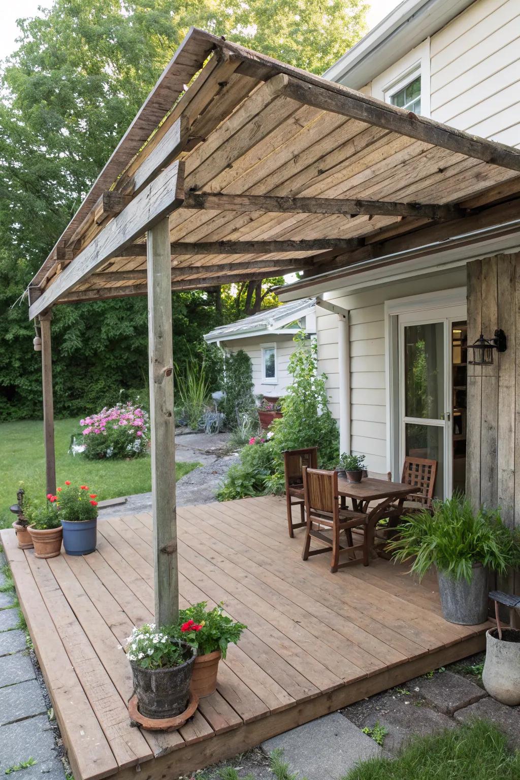 Pallet wood awnings offer budget-friendly charm.