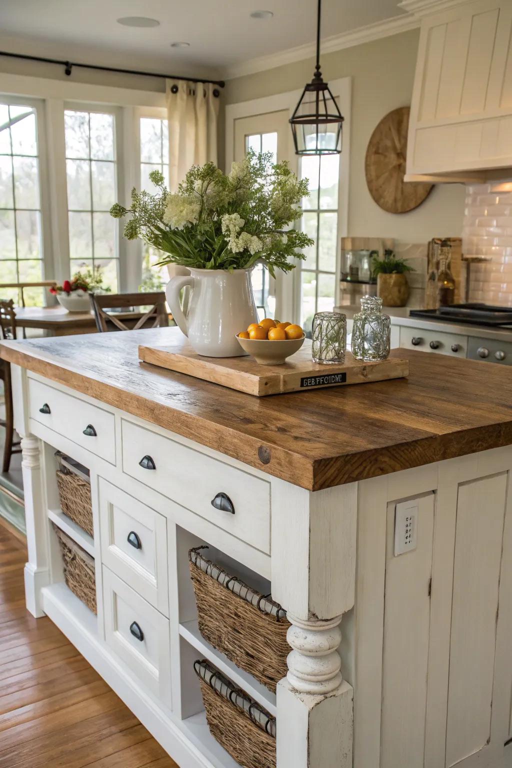 A farmhouse-style cooking space hub with a robust meat block surface.