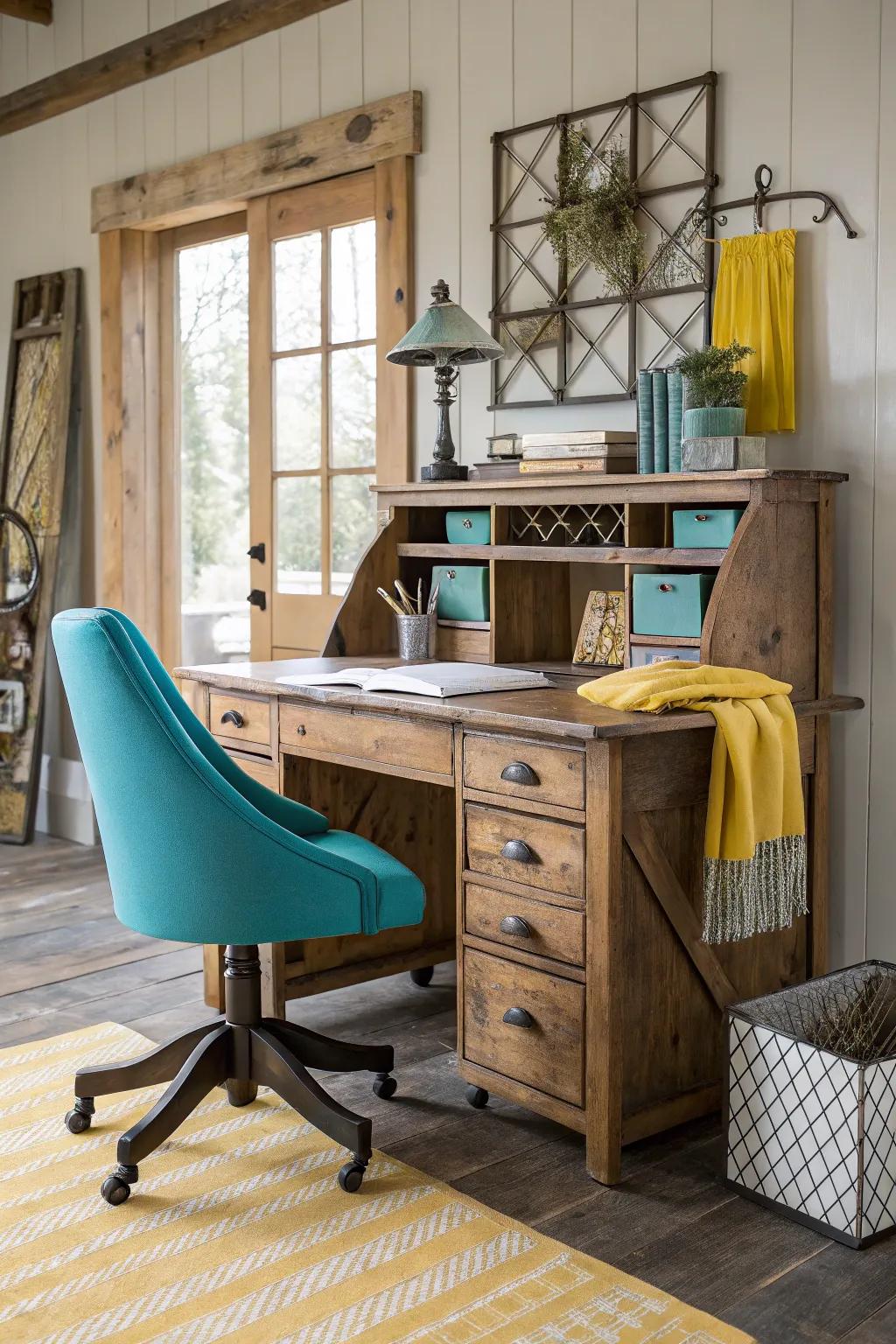 A careful mix of touch elements adds warmth to your rural office space. 🪑 #TextureMix #RusticCharm