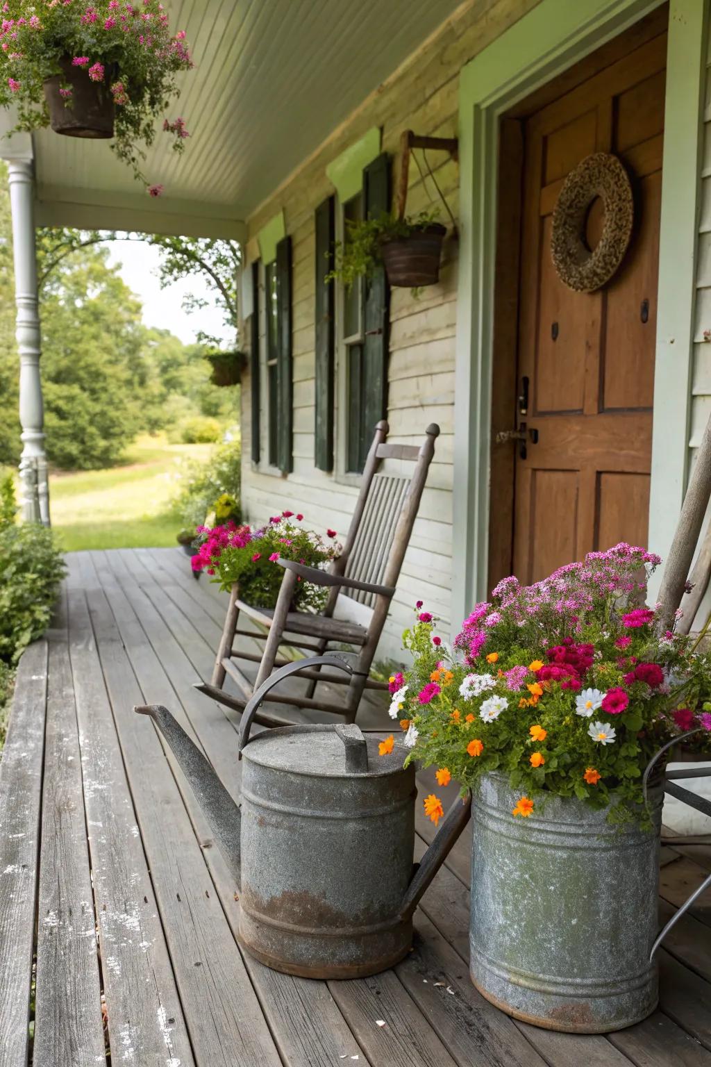Antique watering cans filled with flowers add vintage charm to a porch.