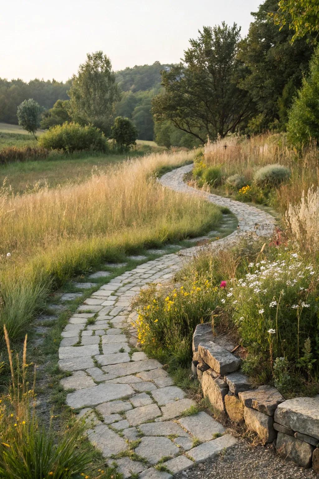 Curved pathways inviting exploration in a rustic garden.