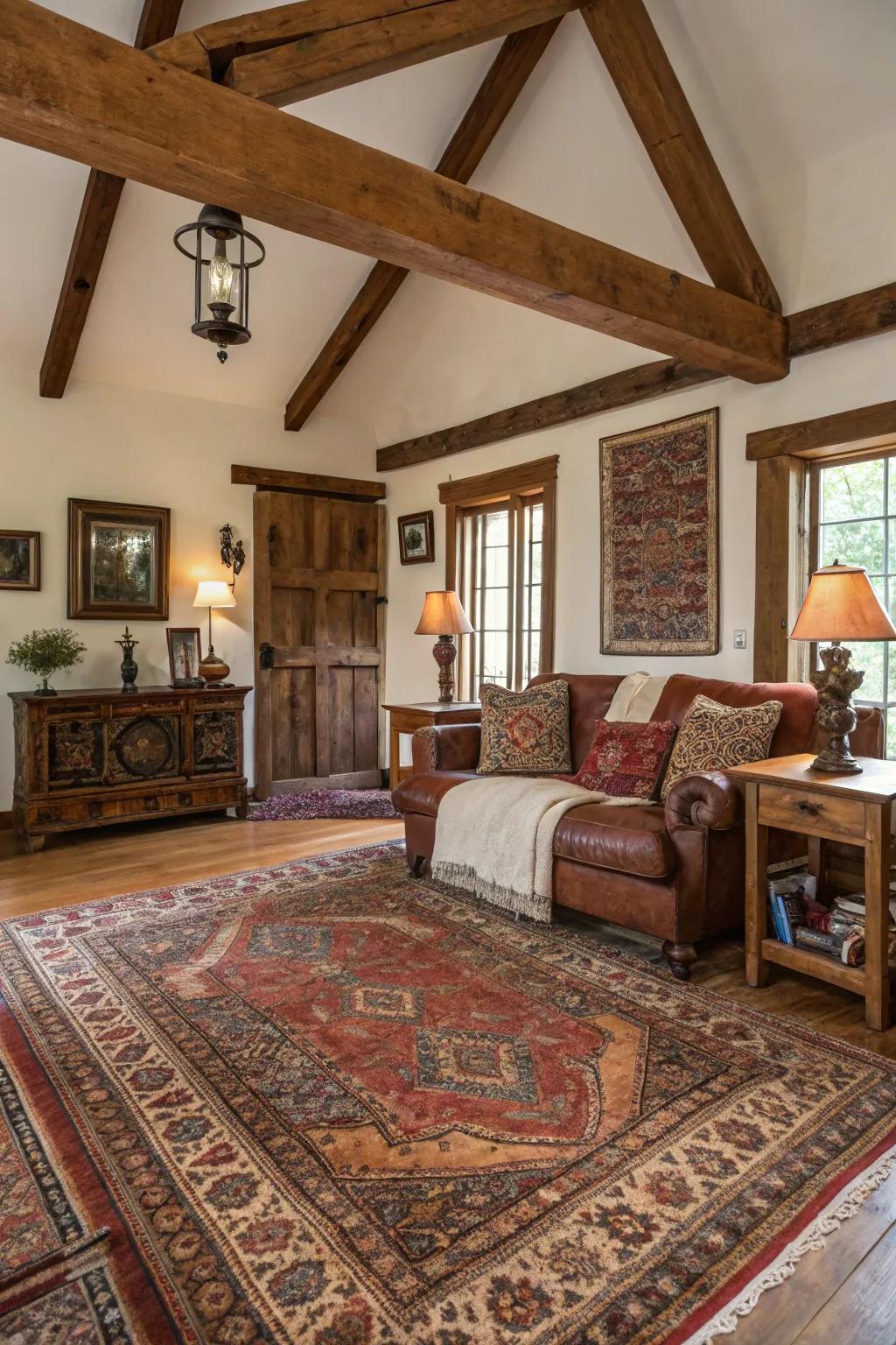 Vintage rugs add depth and intricate designs to country-style living rooms.