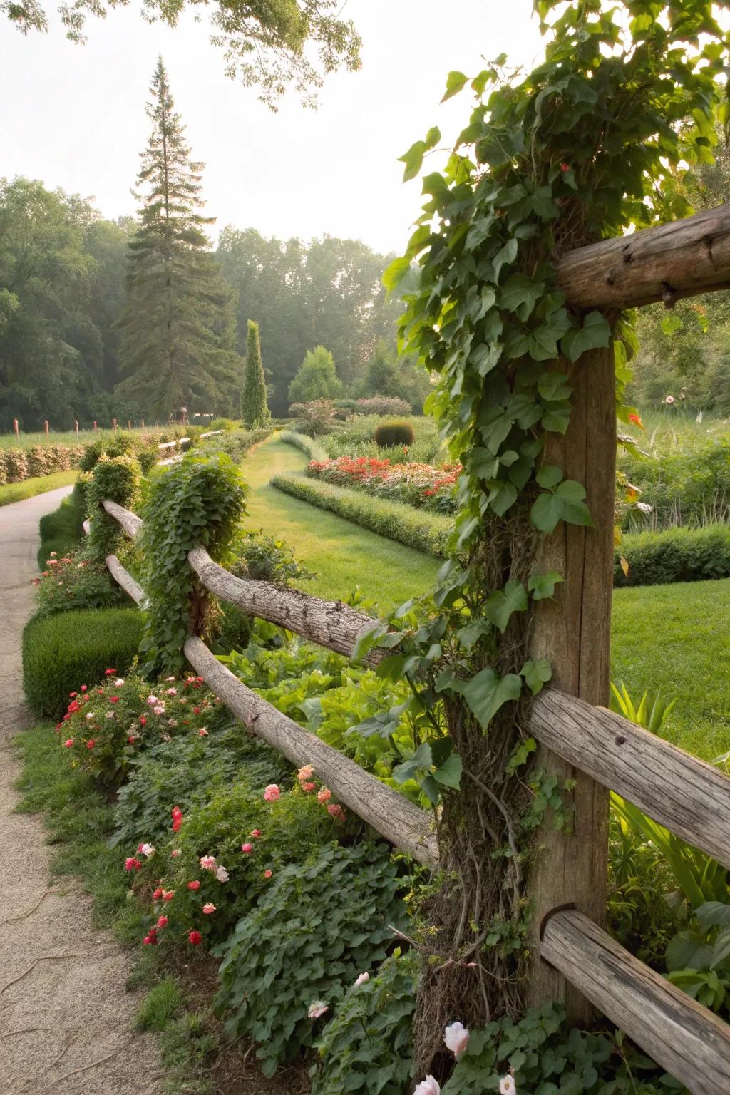 Climbing vines cascade over a log fence, crafting a breathing, living artwork.