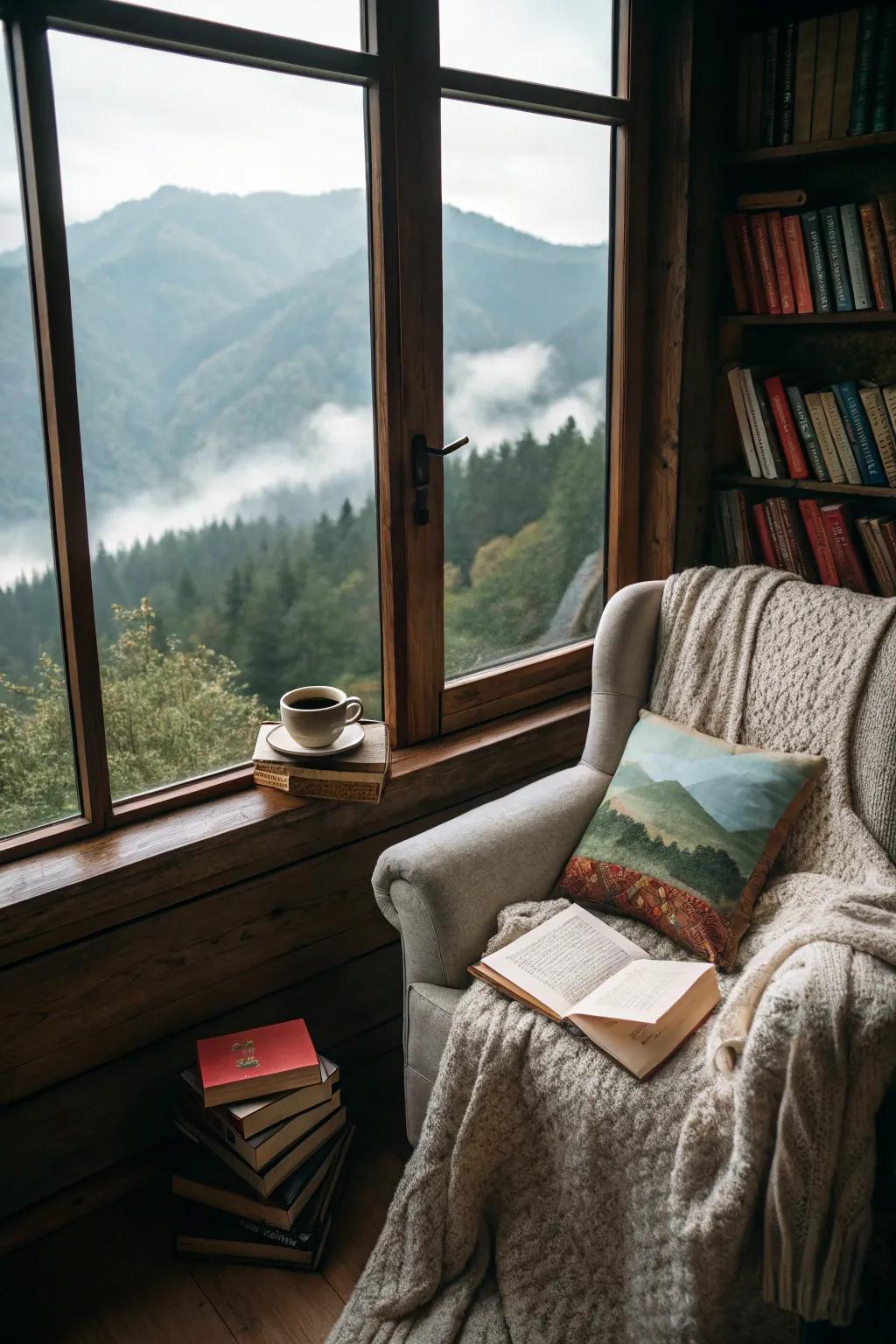 A reading nook offers a serene escape in a rustic mountain home.