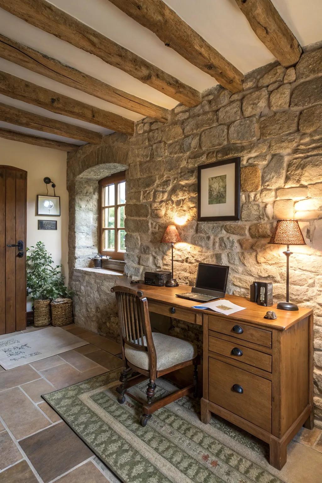 A stone feature wall adds rugged texture to a rustic office.