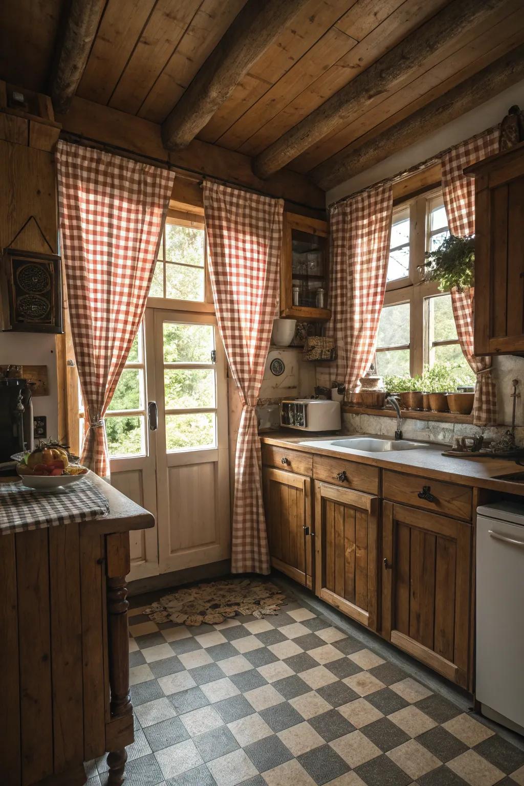 Gingham drapes add a nostalgic touch to the kitchen.