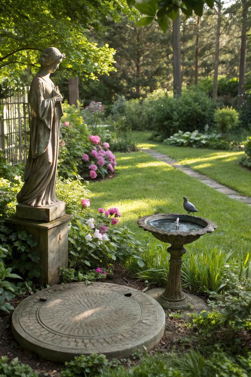 Statues and bird baths fashion elegant garden features.