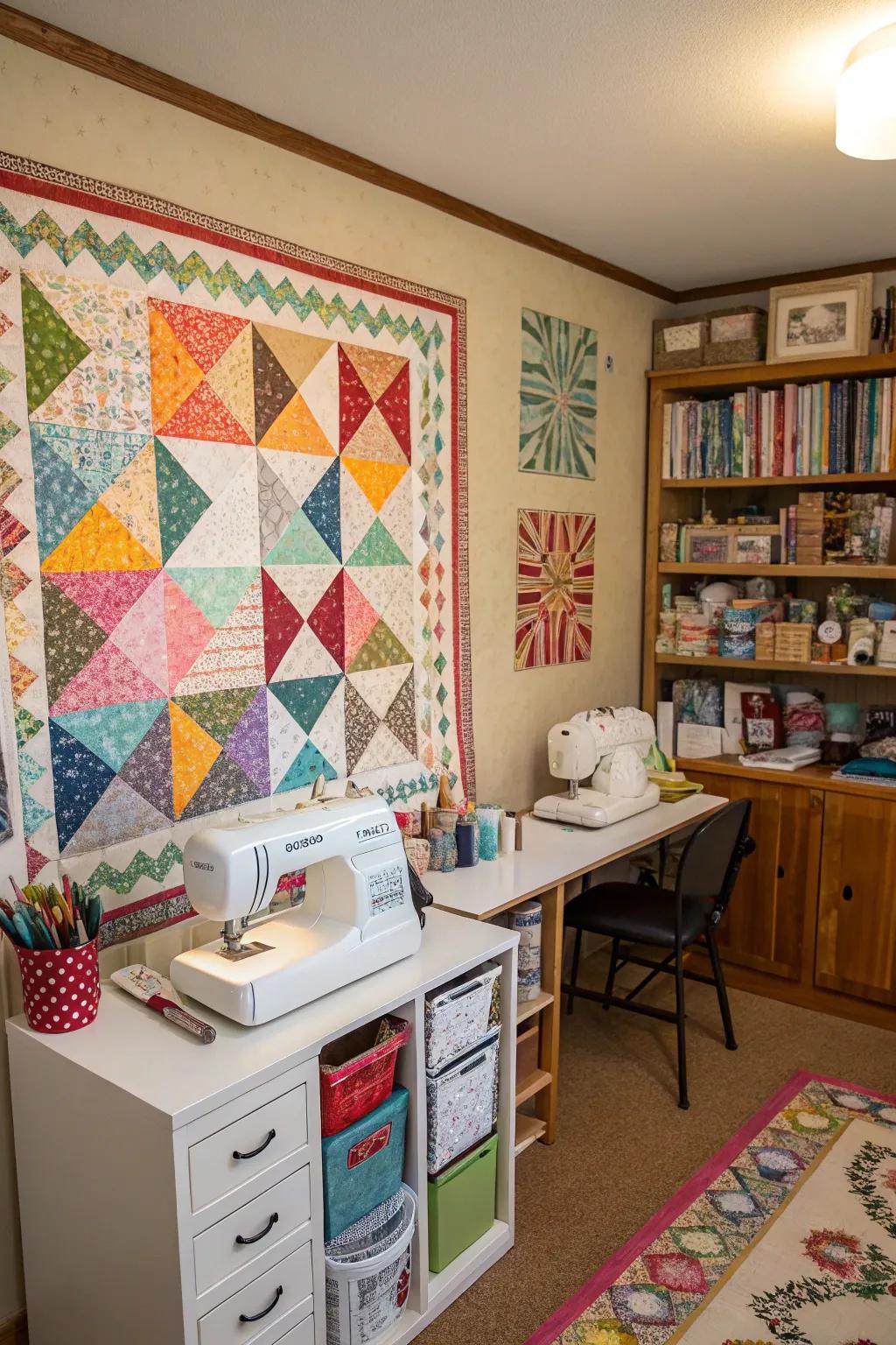 A design wall helps visualize projects and layouts.