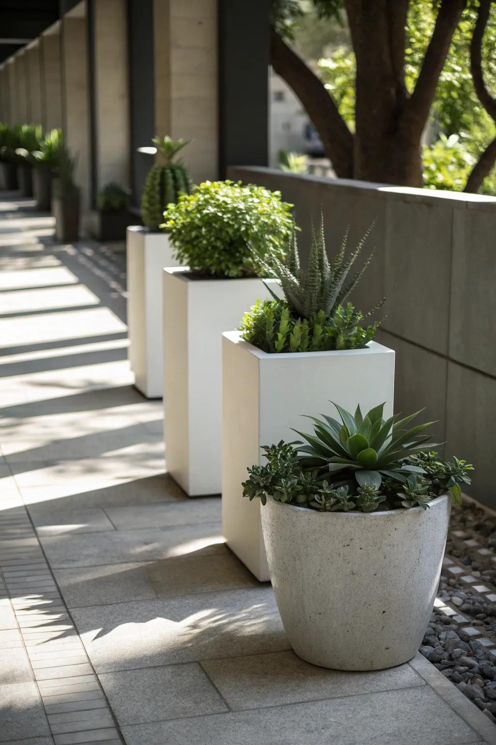 A shady area exhibiting modern minimalist holders with solid-color sprouts.