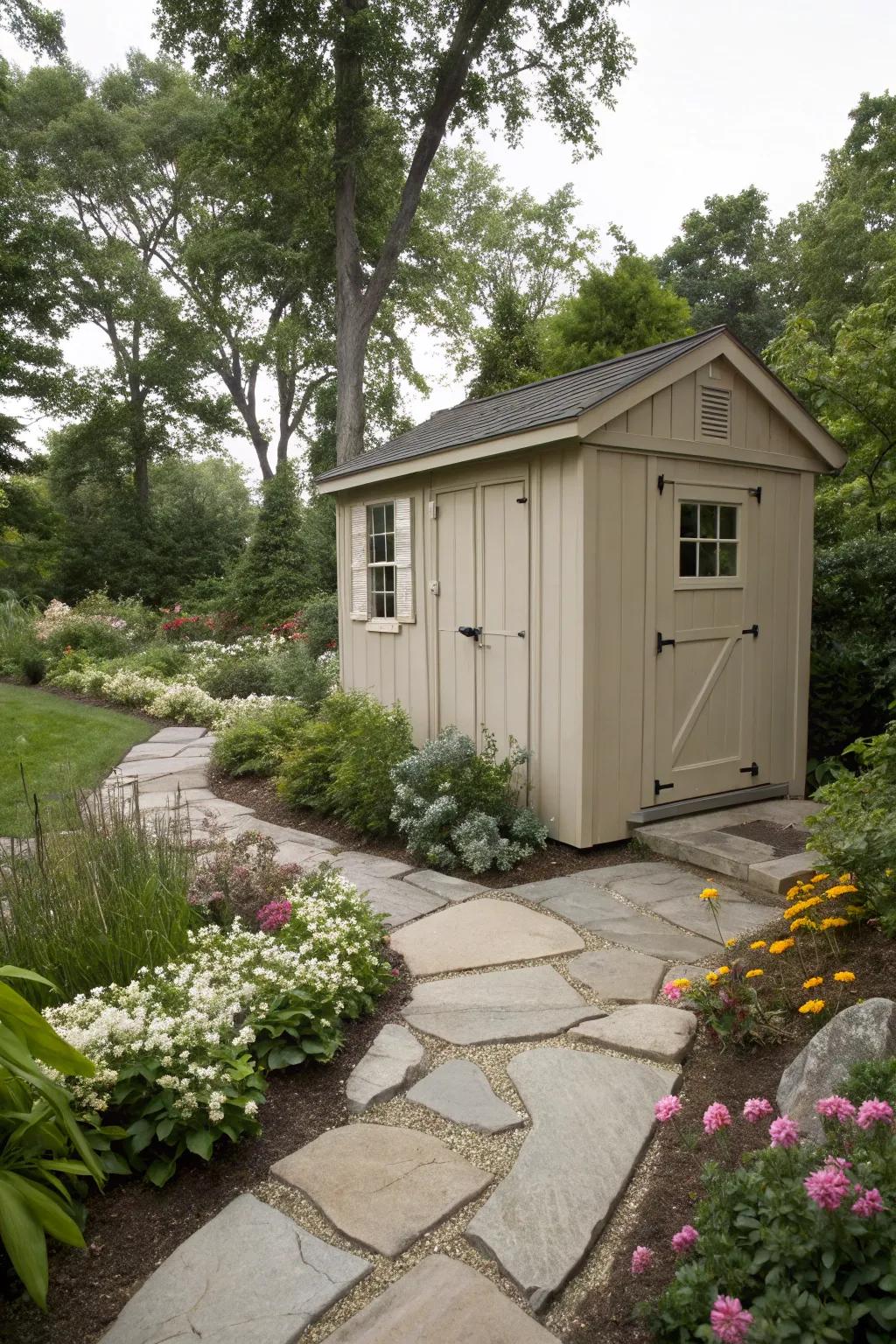Neutral beige sheds offer understated harmony in diverse garden scenes.