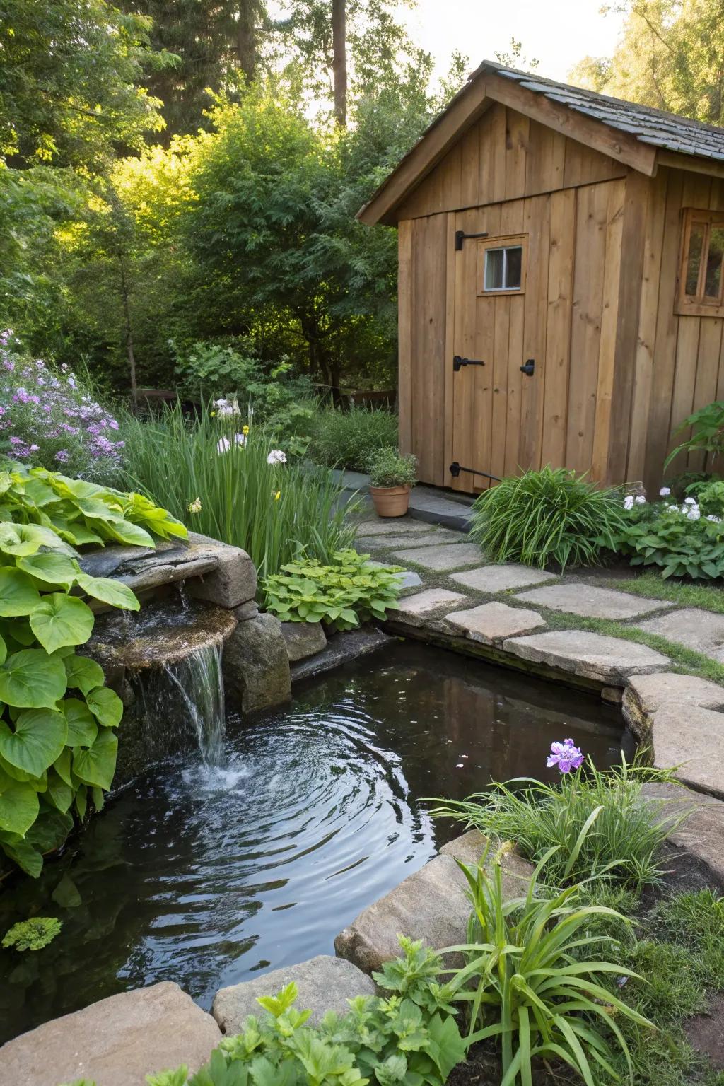 A tranquil water element enhancing the garden's vibe.
