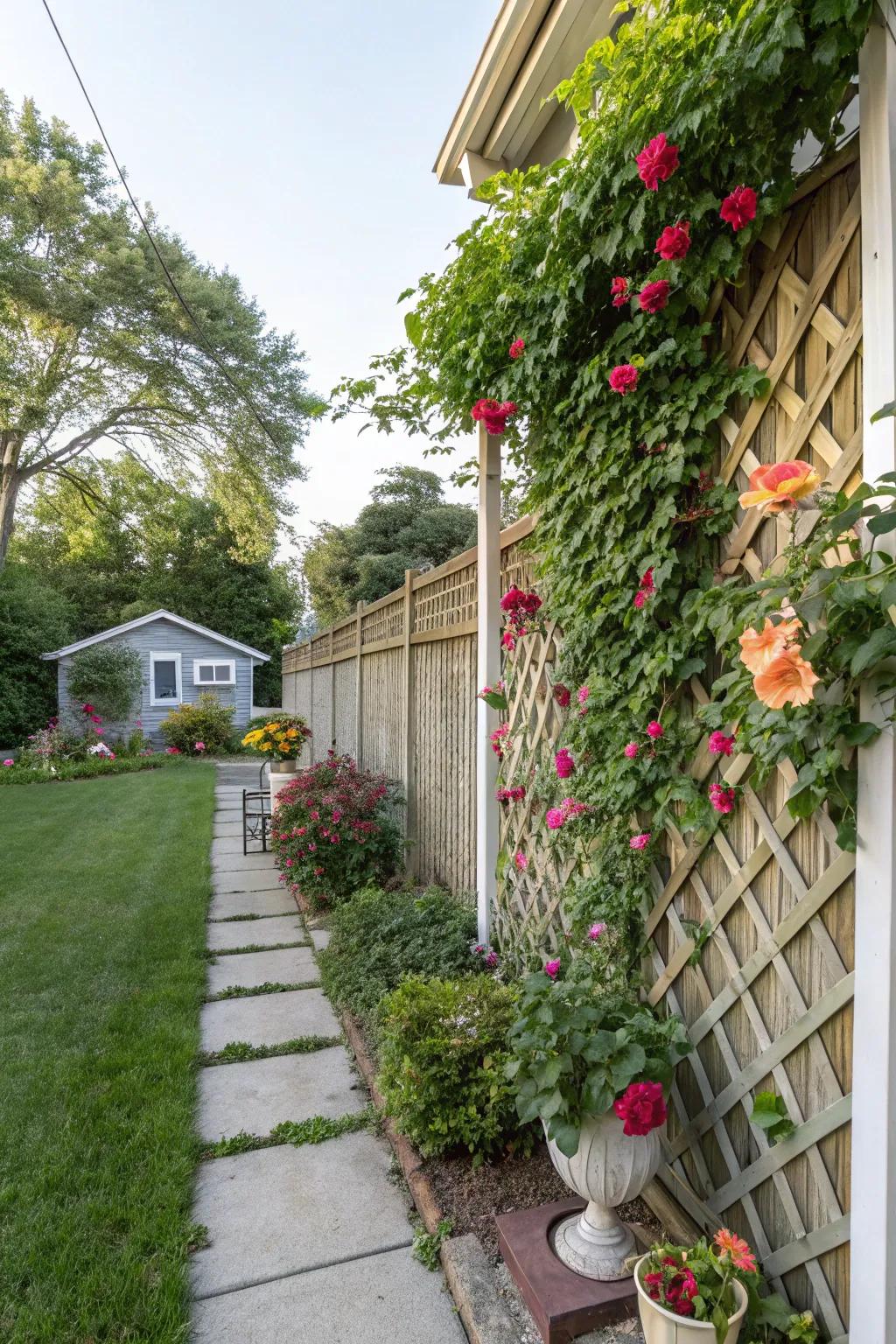 Lush side yard with a lattice fence.