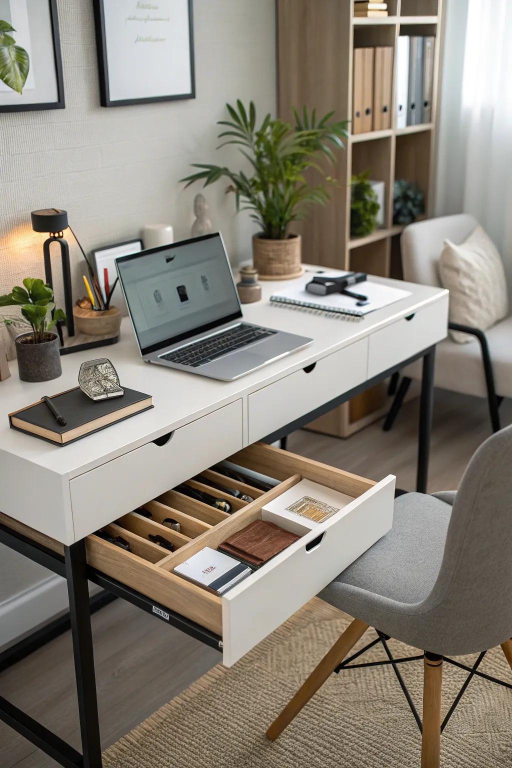 Hidden storage keeps your workspace clean and organized.