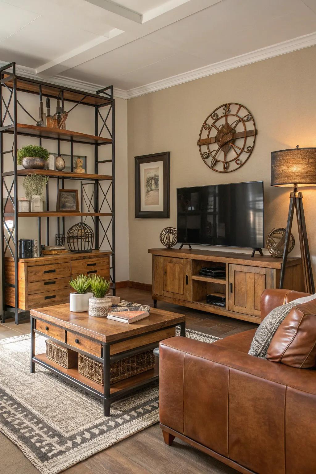 Mixing materials like wood and metal adds depth to the living room.