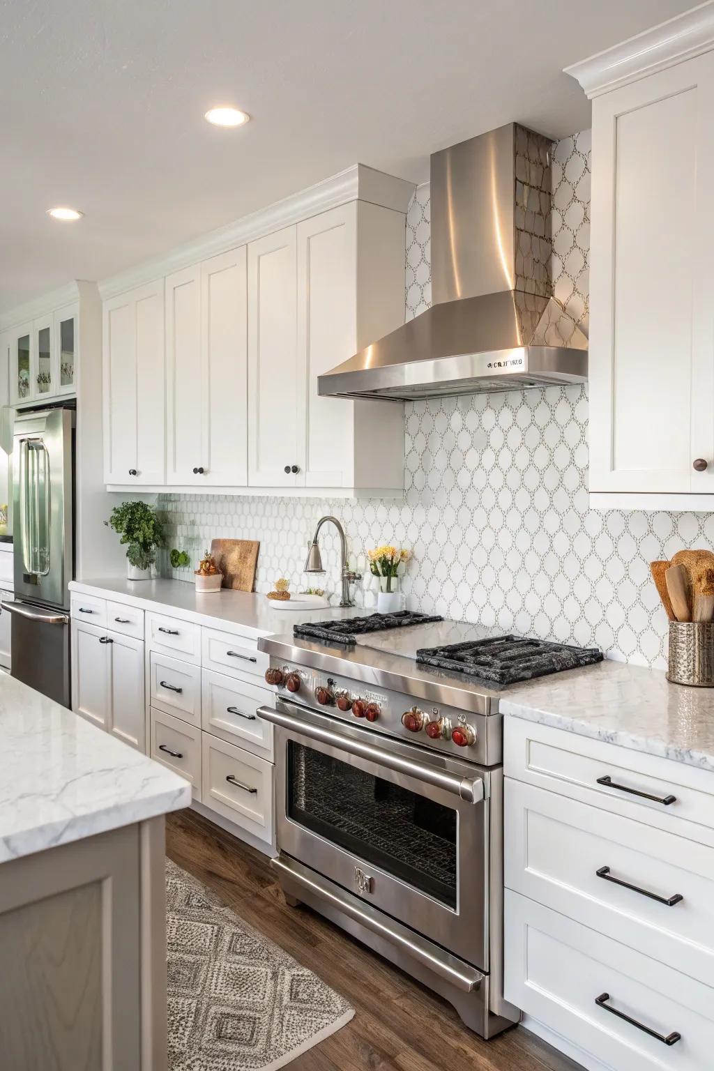 Textural variety enhances the visual intrigue of the bright cooking space.