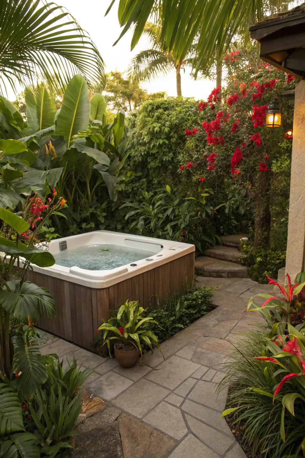 A spa area with tropical plants creating a relaxed, vacation-like atmosphere.