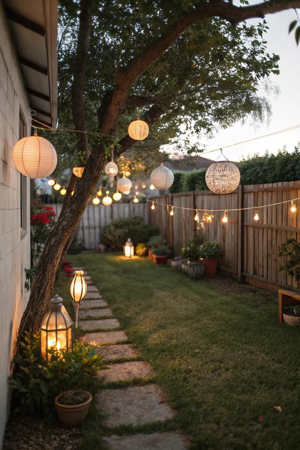 Beautiful lanterns creating a warm glow in the backyard