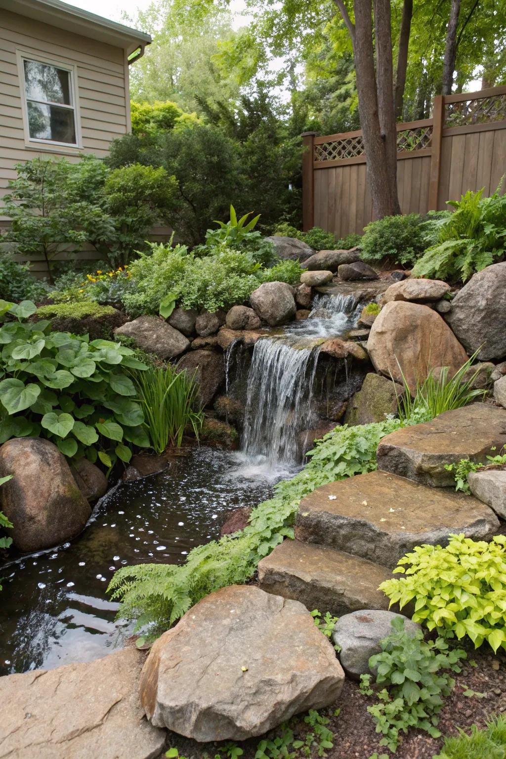 A pondless waterfall adds soothing sound without the need for a pond.