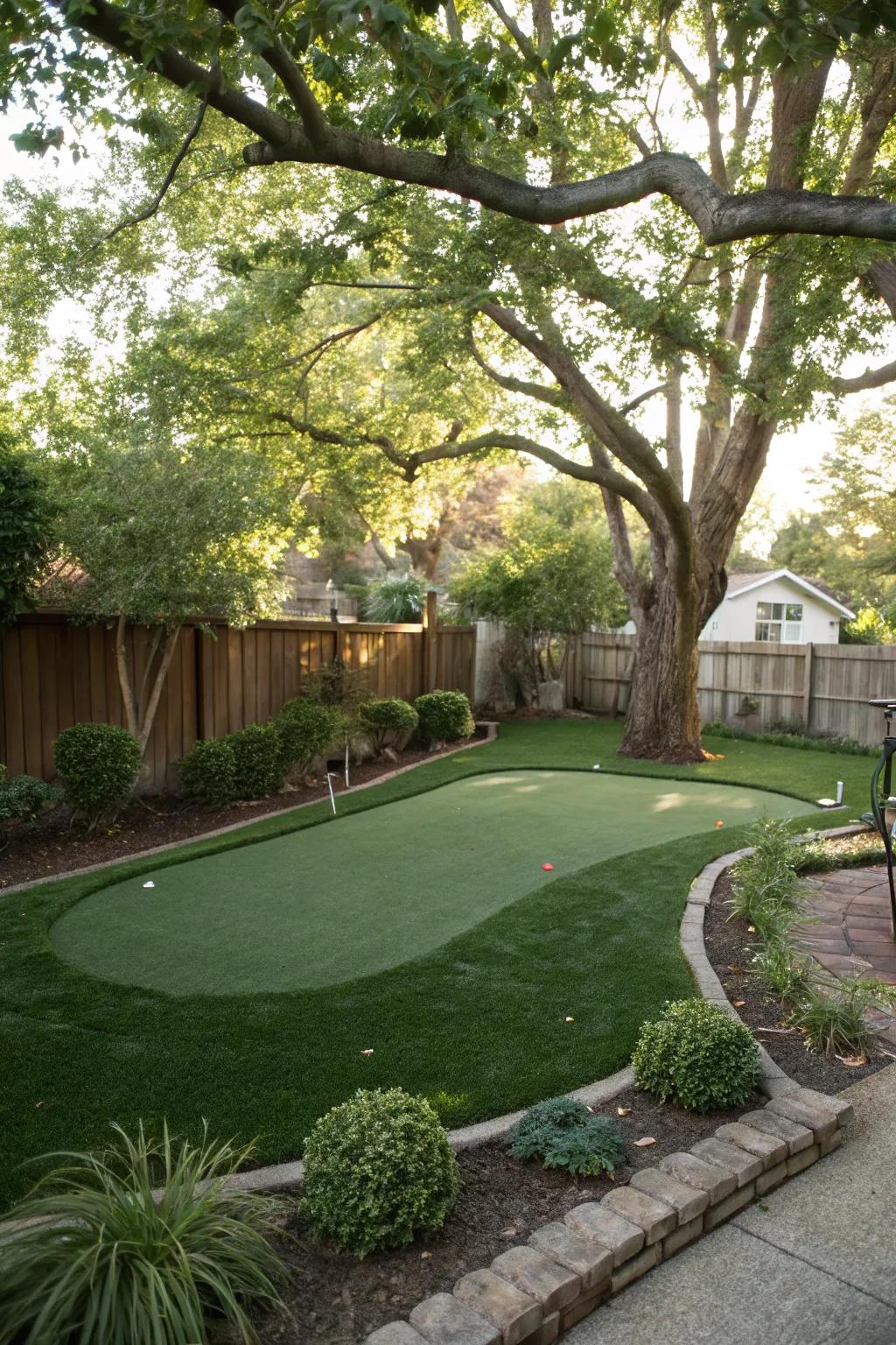 A shaded putting green for solace and style in a backyard.