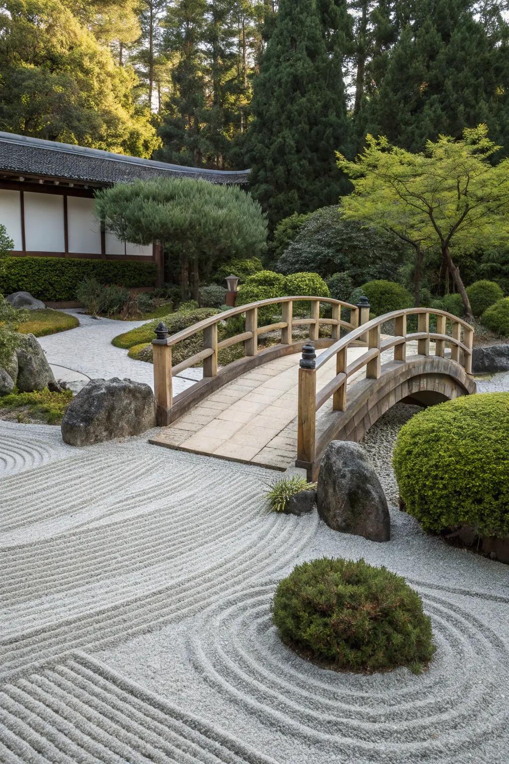 A zen garden features a small timber span across a gravel route, adding charm.