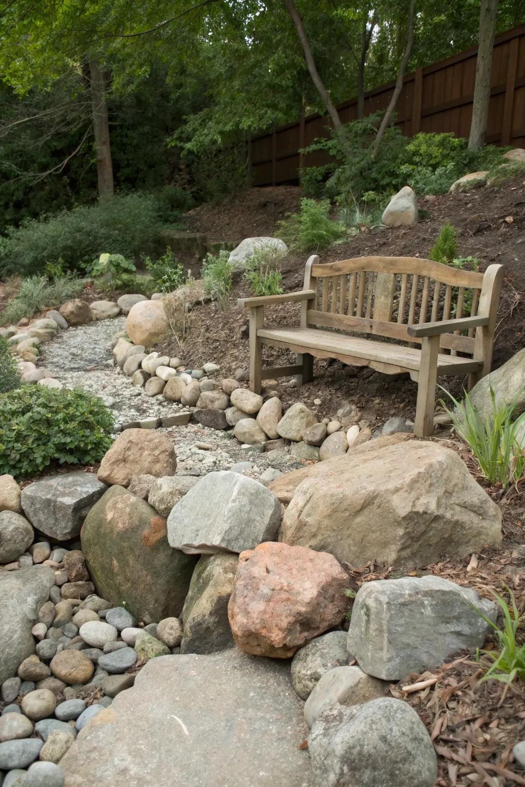 A cozy seating nook within a corner rock garden.