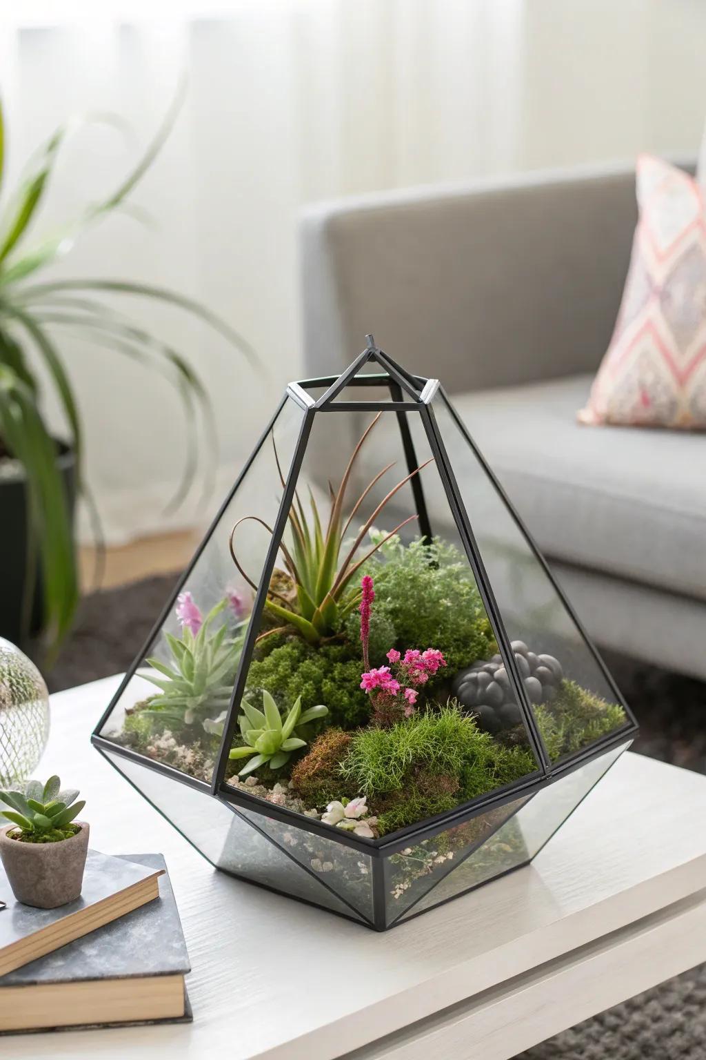 Geometric terrariums offer a modern twist for floral displays.